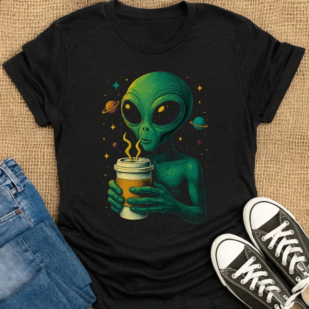 Coffetee Black / S Cosmic Alien Sipping Steamy Coffee T-Shirt