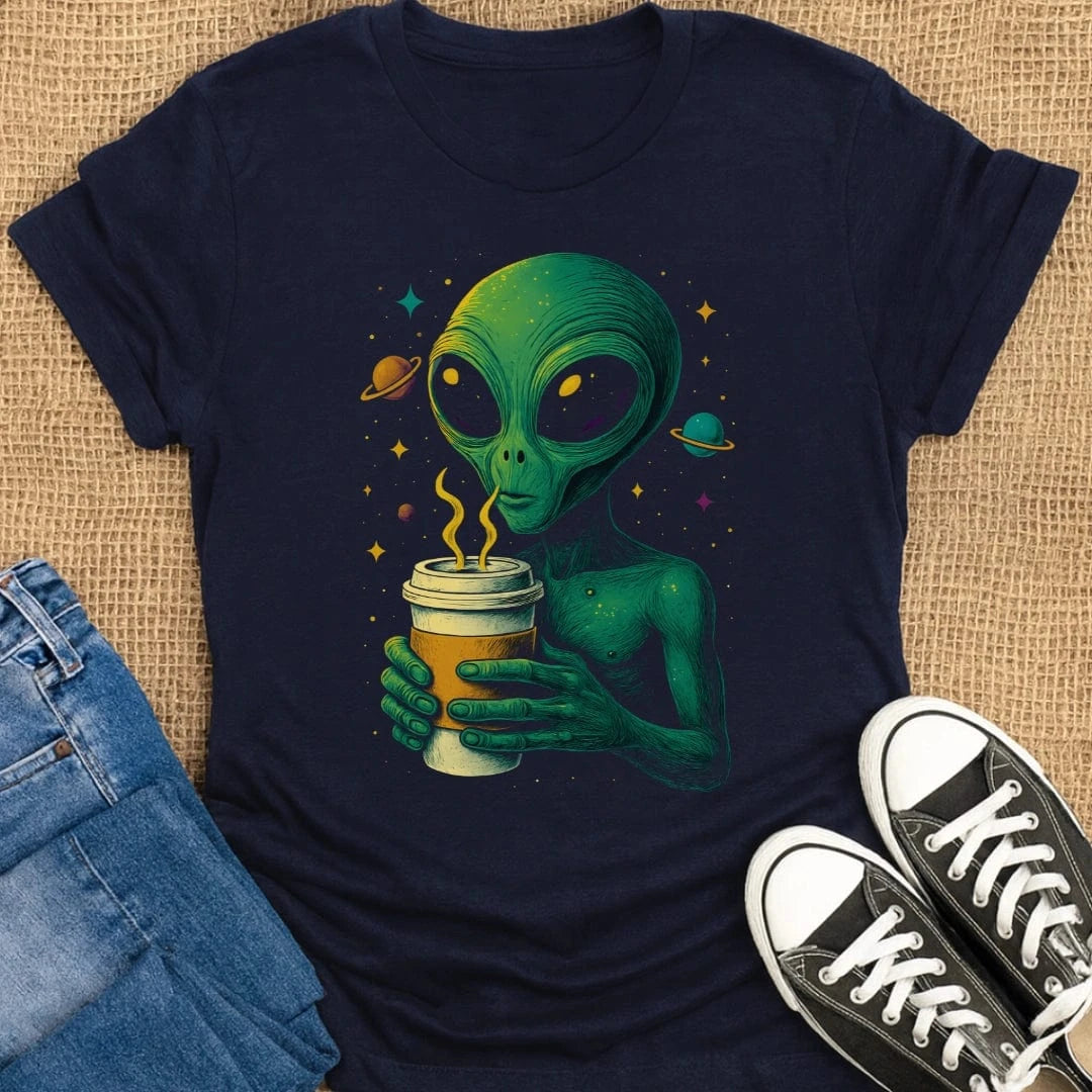 Coffetee Navy / S Cosmic Alien Sipping Steamy Coffee T-Shirt